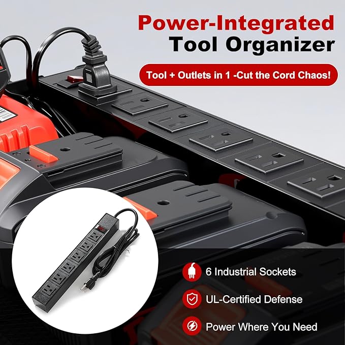 ERVNYNT 3 layers power tool organizer Loads 150lbs with 6 Cordless Drill Holder and 6 Outlet Power Strip,it’s good choice for husband birthday gift,red