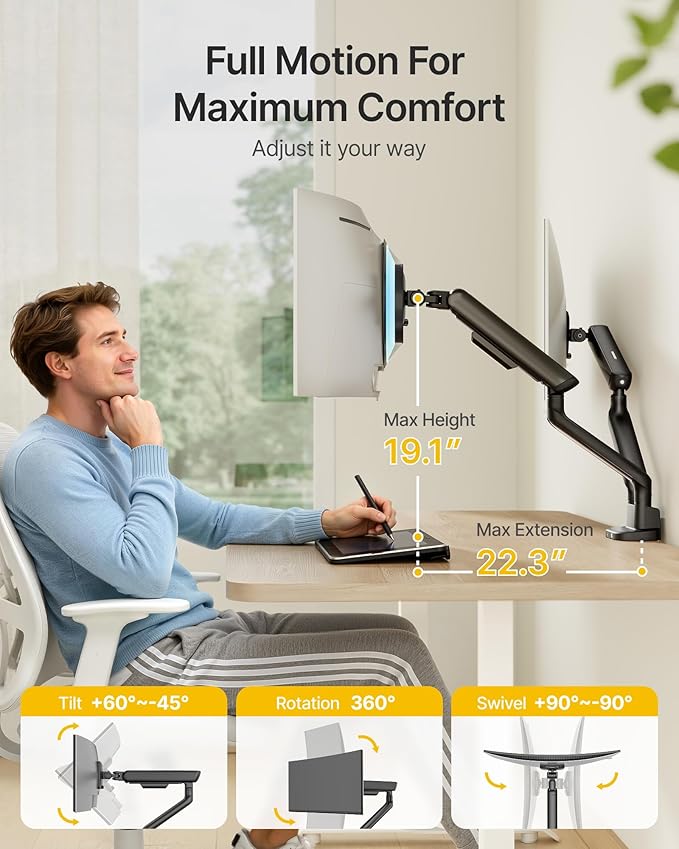 monTEK Dual Monitor Arm with USB, Mechanical Spring Monitor Arm for 17-35" Screens, Adjustable Monitor Desk Mount Each Holds up to 24.2 lbs with C Clamp/Grommet Desk Mount, VESA 75/100mm, MA1011UCBK-D