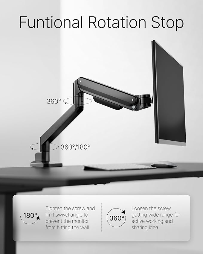 monTEK Deluxe Monitor Arm up to 40 Inch Holds 26.4 lbs Curved Screens Aluminum Fully Motion Adjustable Single Monitor Stand with Clamp/Grommet Desk Mount, Quick Release Plate,75/100mm VESA, MA1008BK