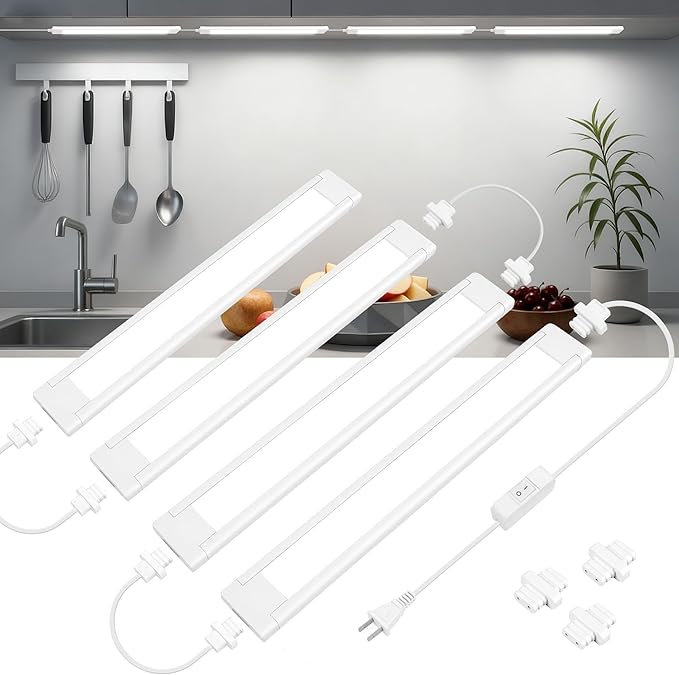 maylit Under Cabinet Lighting Plug in, 4 Pcs 14 Inch Linkable Ultra Bright LED Light Bars, Renter Friendly Lamp, Wired Indoor Lights for Kitchen Cabinet, Counter, Workbench, Desk, Shelf, Cool White