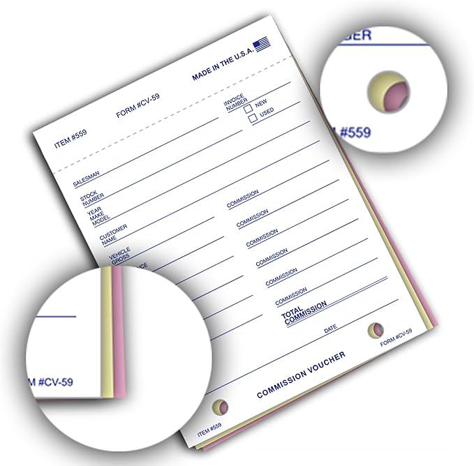 Commission Voucher Book CV-59-3 Part Carbonless Forms, Triplicate NCR Receipt Book, Snap-Out Pre-Punched with File Holes Commission Vouchers, Blue Ink, 4.25 x 5.625 Inch - Pack of 400