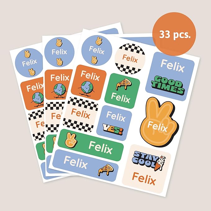 Large Name Labels for Kids (33) - Custom Stickers for Daycare and School Supplies - Durable, Waterproof Stickers for Water Bottles, Lunch Boxes, and More with Unique Designs - Stay Cool