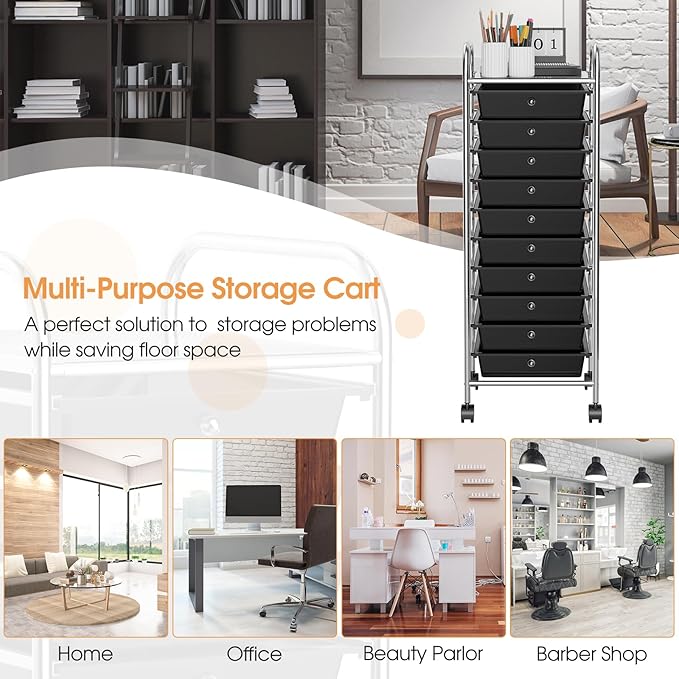 GLACER 10 Drawers Rolling Cart, Storage Cart with w/Removable Drawers & Steel Frame, Utility Mobile Trolley w/Universal Casters & 2 Brakes, Organizer Cart for Home, School, Office (Black)