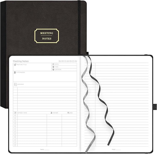 EMSHOI Meeting Notebook for Work with Action Items - 320 Pages B5 Thick Project Planner Agenda Organizer Work Notebook for Women Men Office Business Notes, PU Leather Hardcover, 7.5" x 10", Black