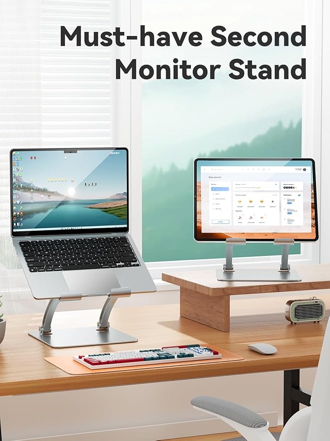 tounee Tablet Holder Stand, Dual Rod Adjustable Aluminum Desktop Stand, Compatible with 4.7-16.9" iPads, Surface Tablets, Portable Monitors, Kindle & More (Silver)