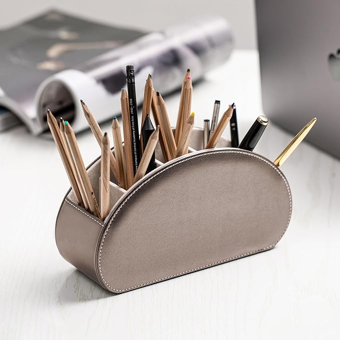 Remote Control Holders Organizer Box with 5 Compartment PU Leather Multi-functional Office Desk Storage Caddy Store Tv Remote for Media Player,Brush,Pencil,Glassees&Office Supplies (Champagne silver)