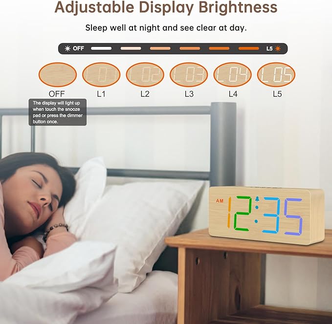 DreamSky Wooden Digital Alarm Clock for Bedroom - RGB Desk Clocks for Living Room with Large Numbers, Dimmer, Loud Alarm for Heavy Sleepers with Volume Control, Office Wood Decor (Plug in Clock)