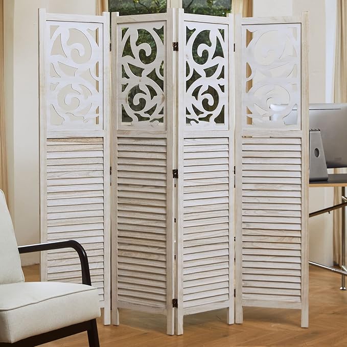 Room Divider Wood Carved Wall Divider Indoor Folding Portable Partition Screen for Home Office Garden Terrace - 4 Panel, 67 * 60inch (White)