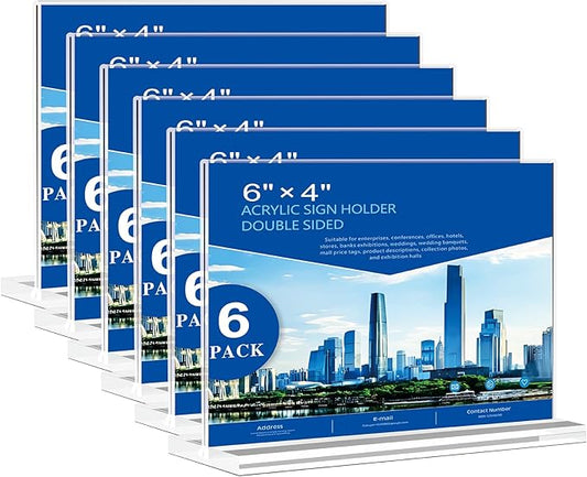 PUWTN Acrylic Sign Holder 6x4 - 6 Pack Clear Tabletop Sign Holder Horizontal Plastic Picture Frames, Double Sided T Shape Display Stand Vendor Booth Display Items for Store,Restaurants,Hotels,Office