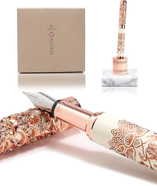 ARTEX Luxury Fountain Pen Set With Stand - Museum Art Collections - Crafting Timeless Beauty - the Best Gift & Office Desk Decor, German SCHMIDT Fine Nib, Solid Metal & Marble Texture