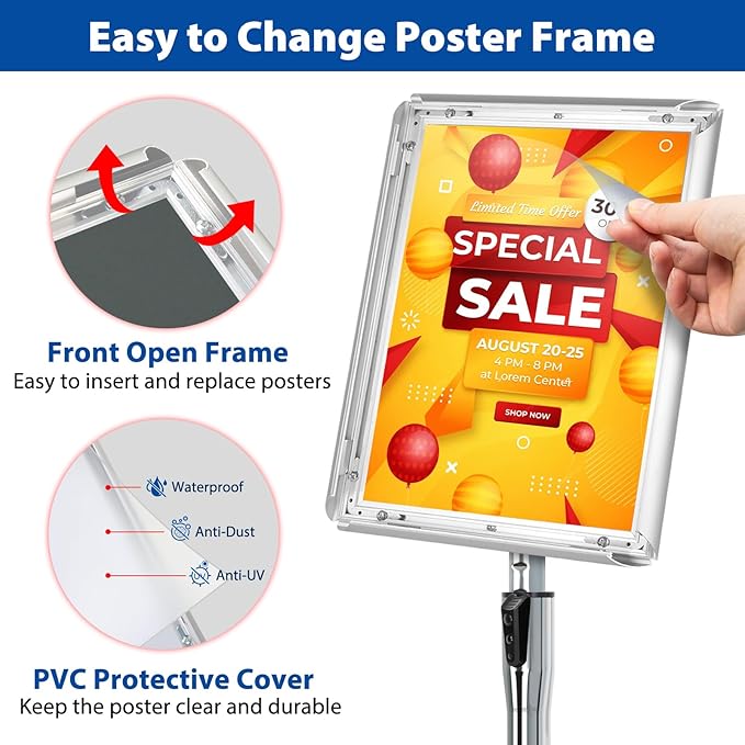 VAIIGO 6Packs Floor Standing Sign Holder Stands for Display 8.5x11Inch Pedestal Poster Sign Stand, Adjustable Sign Holder Stand for Vertical & Horizontal View Sign Display Stand, Silver