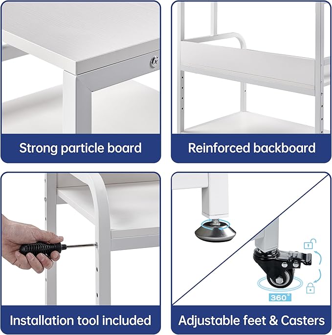 Fannova Printer Stand, 32.3" x 18.9" x 32.1" Extra Large Printer Table with Adjustable Storage Shelf, 3 Tier Rolling Printer Cart with Industrial Wheels for Home Office, White