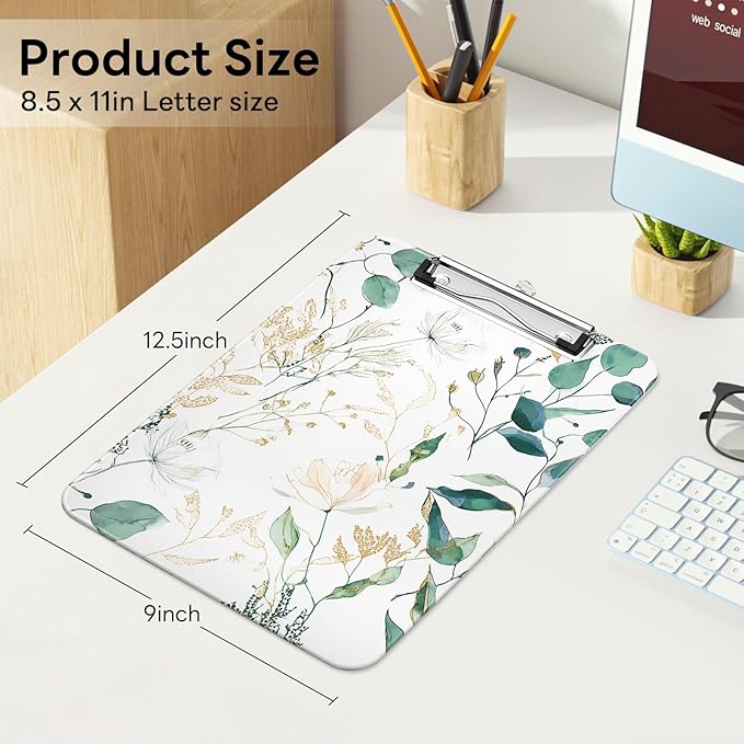 Luminzo Plastic Cute Clipboard Low-Profile Metal Clip, A4 Letter Size 9 x 12.5 in, 8.5 x 11 Paper Clip Board for Teachers, Nurses, Classroom,Fresh Greenery