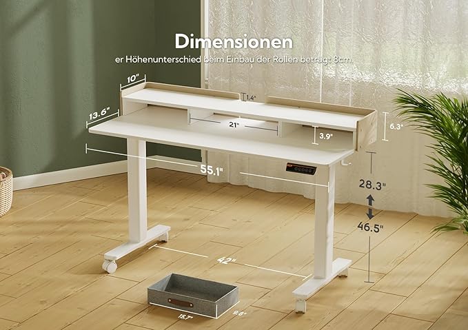 Claiks Standing Desk with Drawers, Stand Up Electric Standing Desk Adjustable Height with Storage Shelf and Splice Board, 55 Inch, White