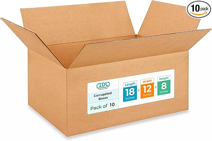 IDL Packaging - B-18128-10 Medium Corrugated Shipping Boxes 18"L x 12”W x 8"H (Pack of 10) - Prime Choice of Strong Packing Boxes for USPS, UPS, FedEx Shipping