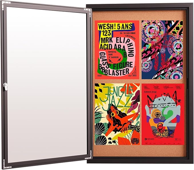 36x24 Inch Lockable Enclosed Bulletin Board, Weather-Resistant Outdoor Noticeboard with Locking Doors, Wall-Mounted Black Aluminum Frame & Cork Presentation Board