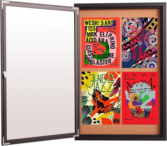 36x24 Inch Lockable Enclosed Bulletin Board, Weather-Resistant Outdoor Noticeboard with Locking Doors, Wall-Mounted Black Aluminum Frame & Cork Presentation Board