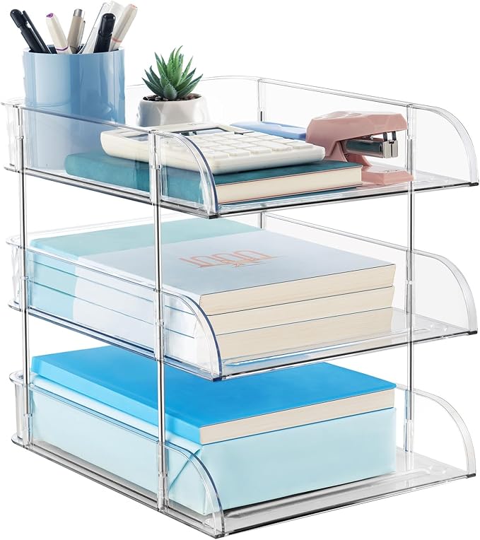 Noger Desk Organizers and Storage, 3 Tier Clear Heightened Stackable Paper Tray Organizer for Document, Letter, A4 File Paper, Desk Accessories, Office Supplies (Clear, 3 Pack)
