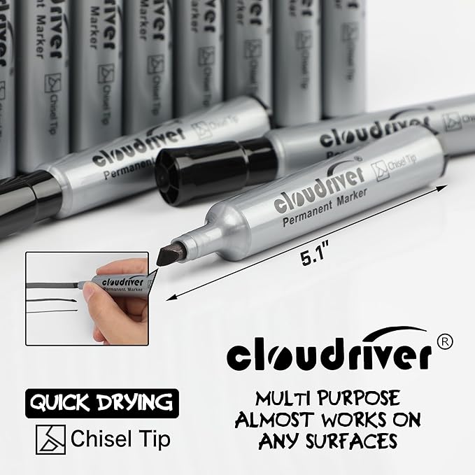 cloudriver Permanent Markers 96 Count, Black Permanent Marker Bulk Set, Chisel Tip, Premium Smear Proof Markers, Quick Drying Ink, Waterproof, Office Supplies for School, Office, Home
