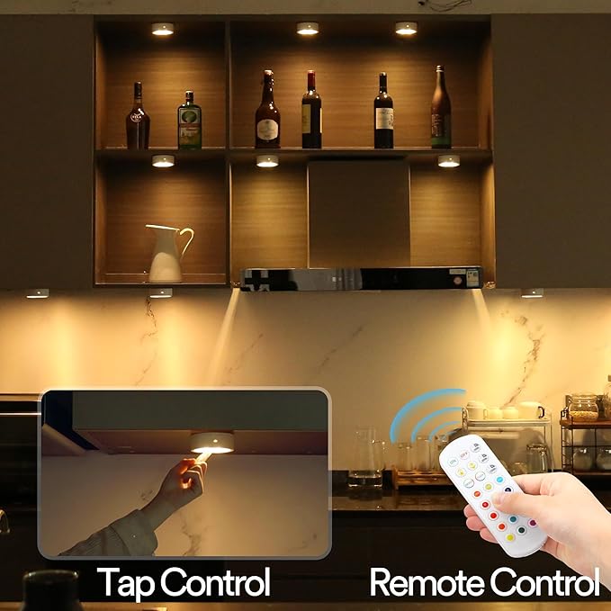TECOMLIGHT Puck Lights with Remote Control, Battery Powered Wireless LED Under Cabinet Lighting, RGBCW Stick On Push Lights 6 Pack - White