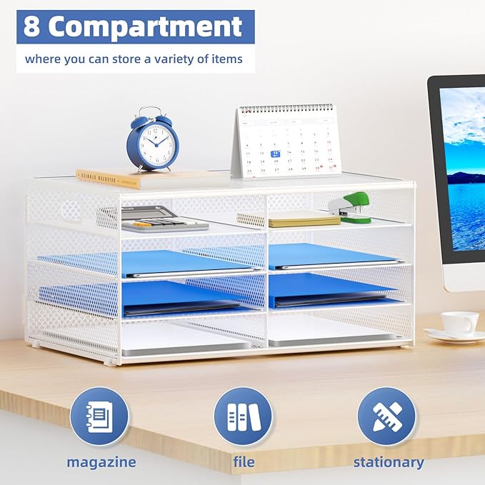 Lavatino 8 Compartments Paper Organizer for Desk, Mesh Literature Organizer, Mail File Sorter Tray with Handle, Desktop Mailbox for Office Classroom Home, White