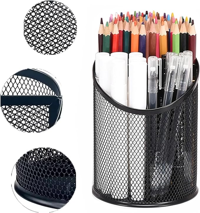 MINDEPOT 2 Pack Mesh Pencil Holder Pen Cup for Desk Round Black Pen Holder Desktop Pen Organizer 3 Compartments Pencil Organizer Desk Organizer for Office Home School