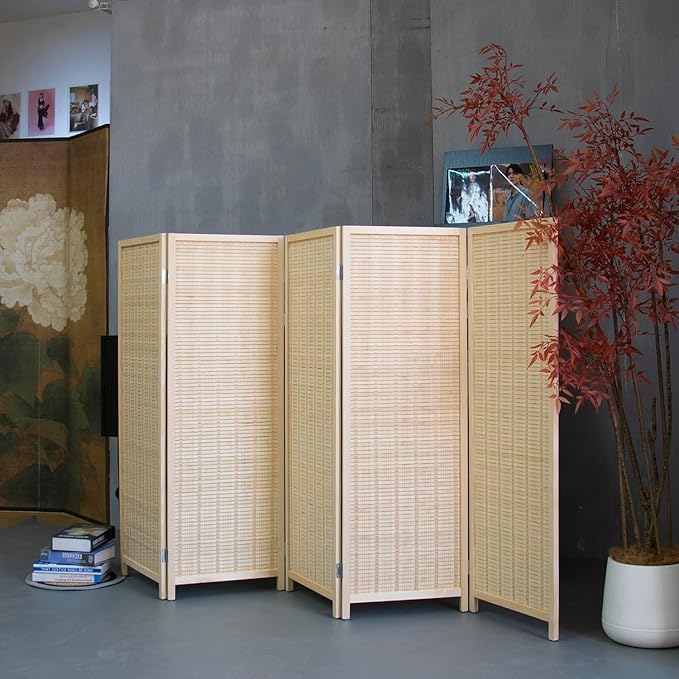 Furnnylane 5 Panel Short Room Divider Screen,Beige Freestanding Partition,Small Bamboo Panel Divider for Room Seperation,3.95 FT Tall
