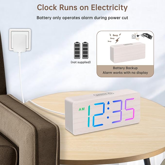 DreamSky Wooden Digital Clock for Bedroom Desk - RGB Loud Alarm Clock for Heavy Sleepers with Volume Control, Large Numbers with Dimmer for Living Room Office, Wood Decor (Plug in Clock)