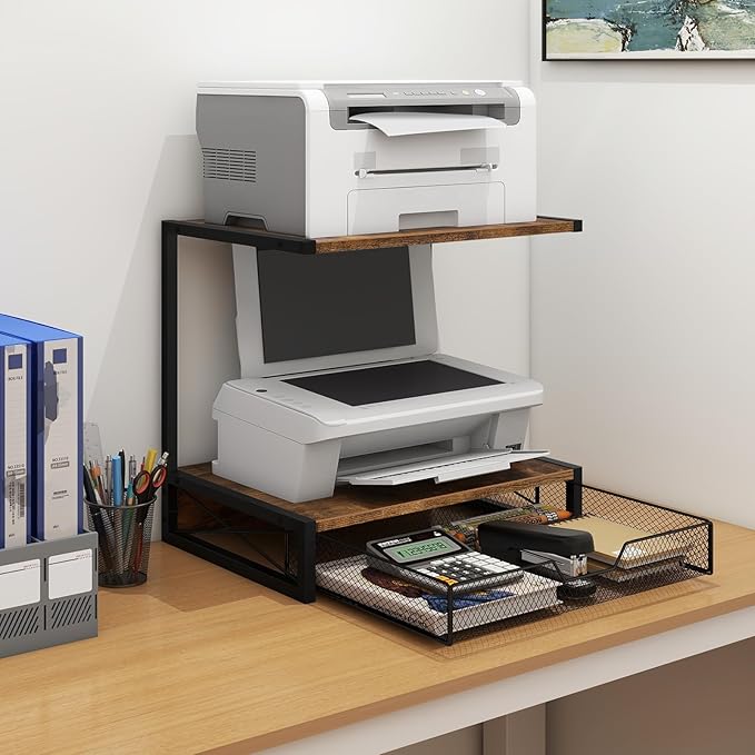 ELITEROO 2-Tier Desktop Printer Stand with Storage Drawer, Wooden Printer Stand for Desk, Small Printer Table with Shelf for Home Office, Fits Fax Machine, Scanner, 3D Printer, Rustic Brown