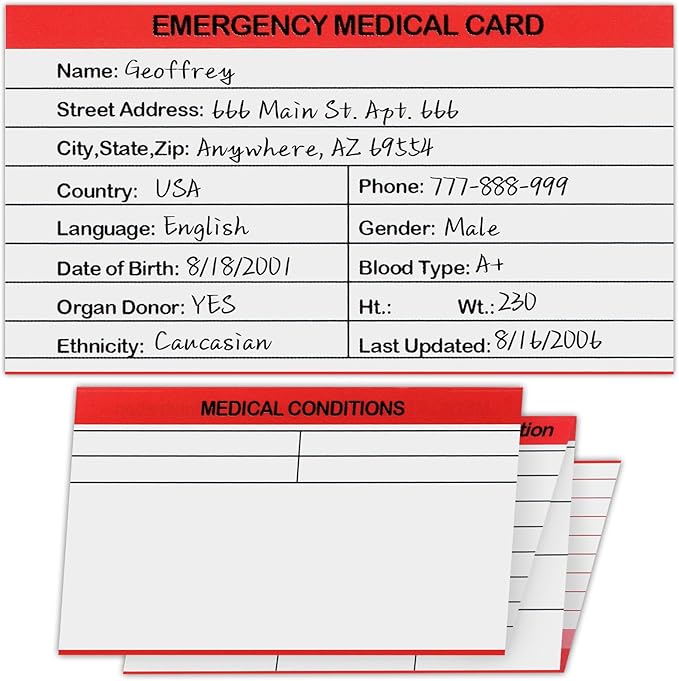 4 Pack Emergency Medical Information Id Card Red Medical Condition and Emergency Contact Id Wallet Card Medical Alert Wallet Card Pocket Size Medication List and Medical Cards for Caretakers (Red)