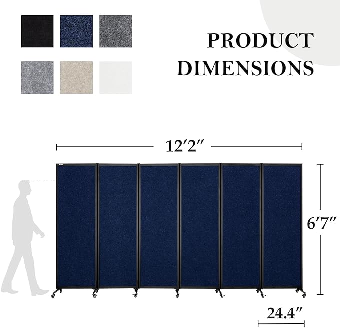 Upgrade Version Room Partition and Divider, Freestanding Rolling Dividers with Wheels,Office Privacy Screen Divider Wall,Classroom Felt Dividers,12'2"L* 6'7"H,6 Panel，Blue