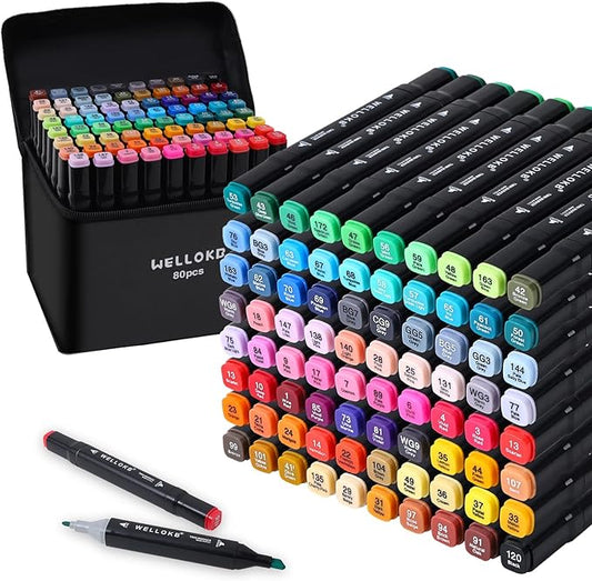 WELLOKB Alcohol Markers, 80 Colors Dual Brush Tip Permanent Art Markers, Coloring Marker, for Book Painting Card Making, Christmas gift for Adults Artists