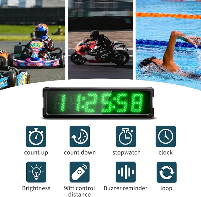 Large LED Display Digital Race Timer with Battery,Function-Countdown/Up/Time Clock, Remote Control, Tripod Stand and Adjustable Brightness for Sports Events, Races, Meetings, (Green)