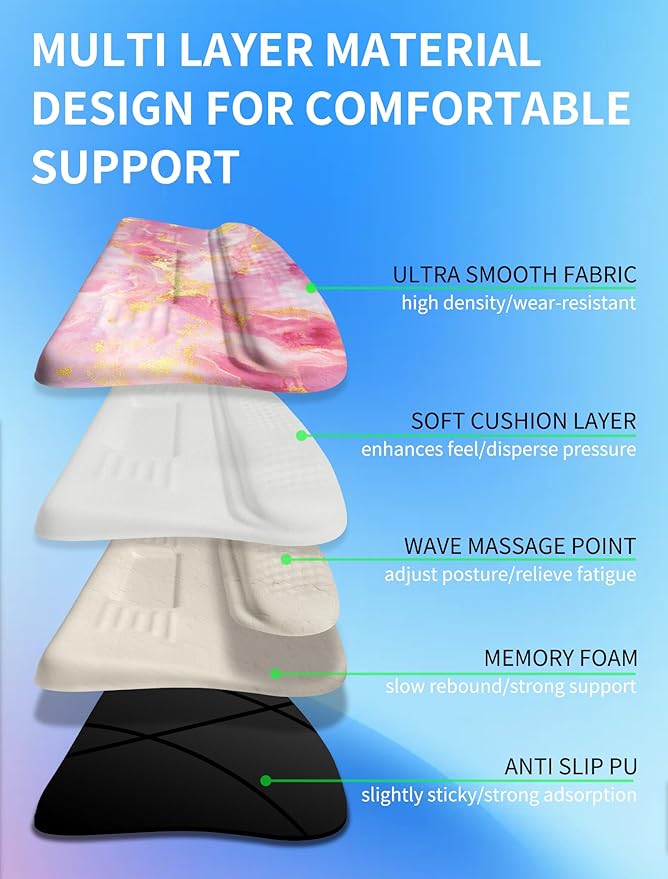 KUOSGM Ergonomic Wave Wrist Rest with Keyboard Stand, Cushioned Palm Rest, Comfortable Integrated Memory Foam for Natural Typing and Relieve Wrist Pain, Pink Gold Marble