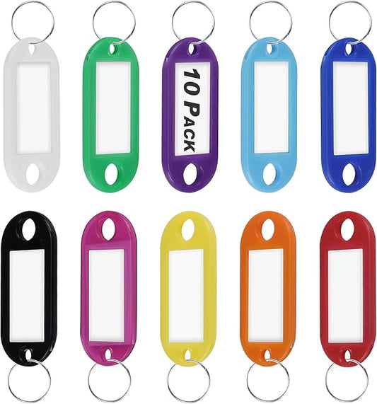 Key Tags, Key Labels, 10 Pack Plastic Key Tags with Ring and Label Window, Key Chain ID Tags/Identifiers for Name, Luggage, Bags, Backpack, 10 Colors