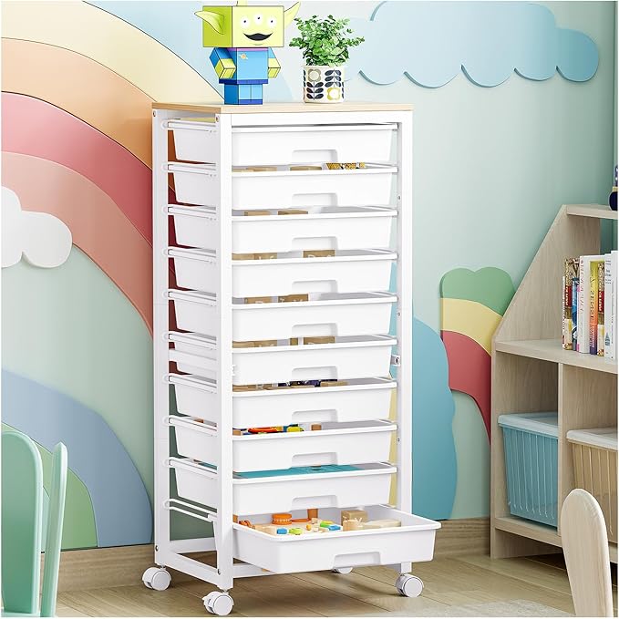 SYKIARIOL Rolling Cart with Drawers,10 Drawer Rolling Cart,Rolling storage cart with drawers,White Rolling Drawer Cart,Teacher Rolling Cart for Classroom Storage,Craft Cart with Wooden Tabletop