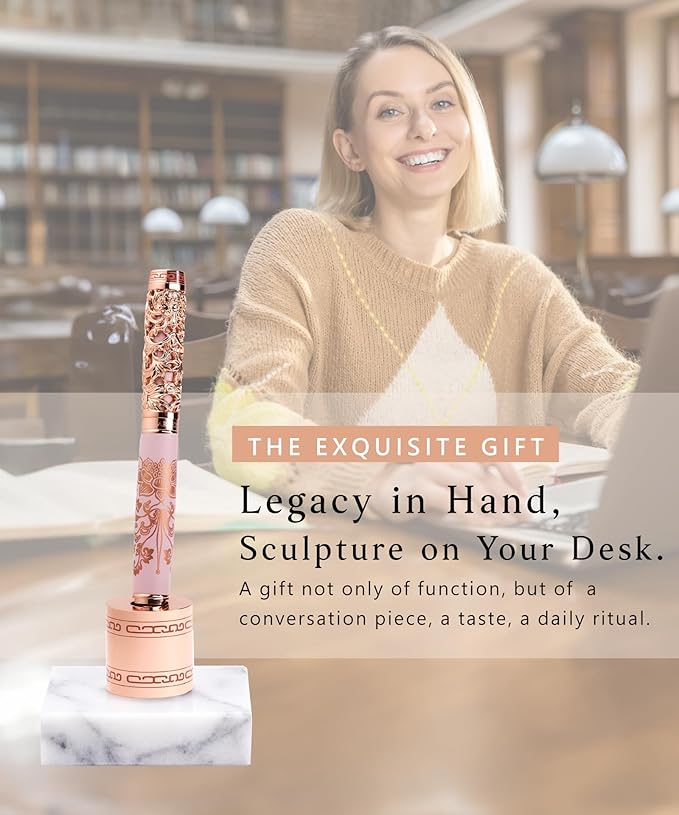ARTEX Luxury Fountain Pen Set With Stand - Museum Art Collections - Crafting Timeless Beauty - the Best Gift & Office Desk Decor, German SCHMIDT Fine Nib, Solid Metal & Marble Texture