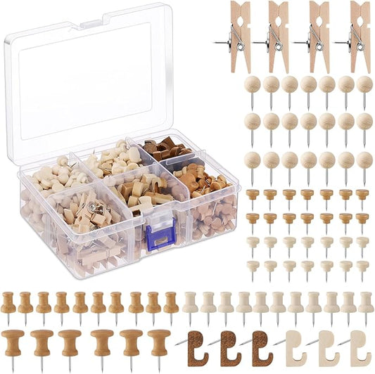 600 Pcs Decorative Push Pins, Wood Brown Thumb Tacks 6 Types Cute Push Pin Clips for Bulletin Board Wall Cork Board Colorful Classroom Decor Teacher Must Haves Supplies School Crafts Project