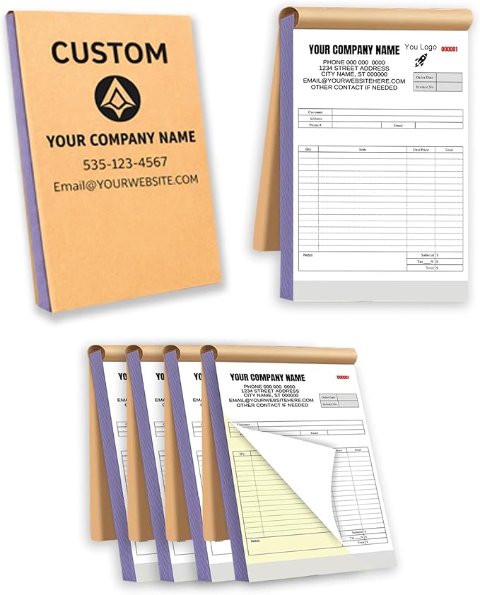 Custom Carbonless Invoice Book with Logo, Personalized Cover & Inner Pages, 2 Part NCR Receipt & Work Order Forms, Easy Tear, Writing Shield for Small Business (2-part [White/Yellow], 7.48 x 5.12INCH)