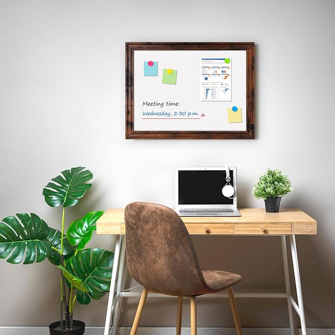 White Board for Wall, 24'' x 18'' Magnetic Dry Erase Board, Decorative Whiteboard, Brown Vintage Wooden Frame