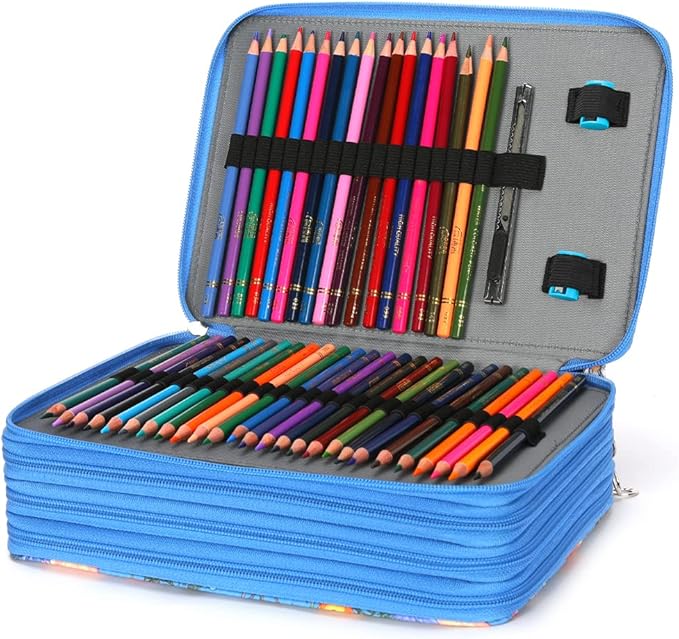 Vomgomfom Colored Pencil Case - 200 Slots Pencil Holder with Zipper Closure Twill Fabric Large Capacity Pencil Case for Watercolor Pens or Markers, Pencil Case Organizer for Artist (Blue Flower)