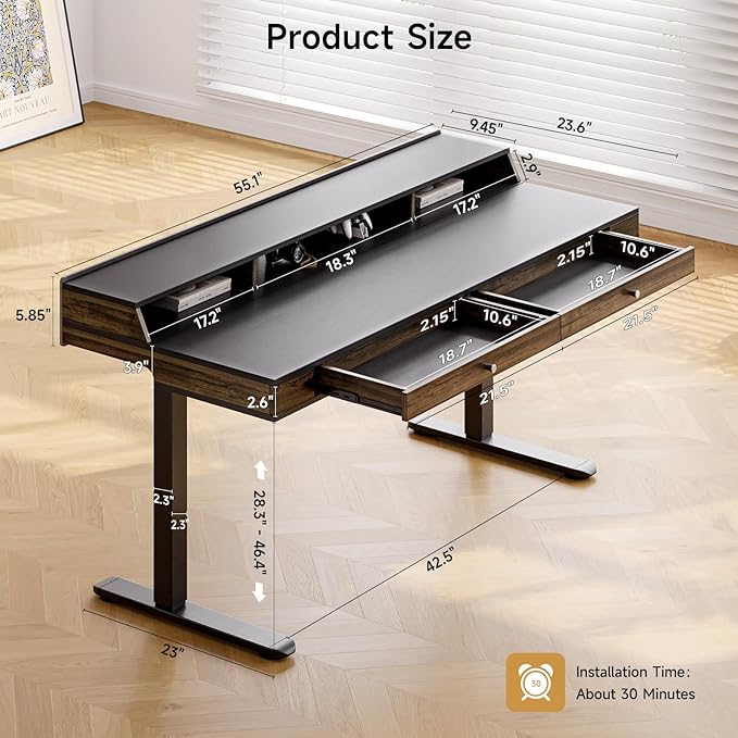 ONBRILL Standing Desk with Drawers, 55x23.6 Inch Electric Stand Up Desk with Storage Shelf and Memory Controller, Sit Stand Desk Adjustable Height from 28-46 Inches for Computer Workstation, Black