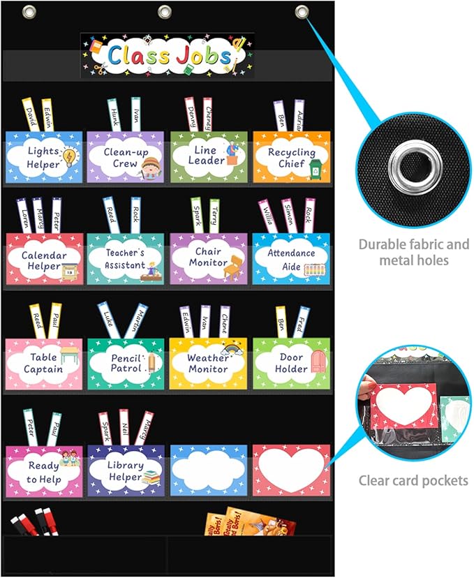 REGELETO Class Jobs Pocket Chart with 17 Pockets and 2 Storage Bags,Class Management Educational Pocket Chart Teacher's Helper Size: 32.6" L x 19.6 H inch Bulletin Board for Classroom (Black)