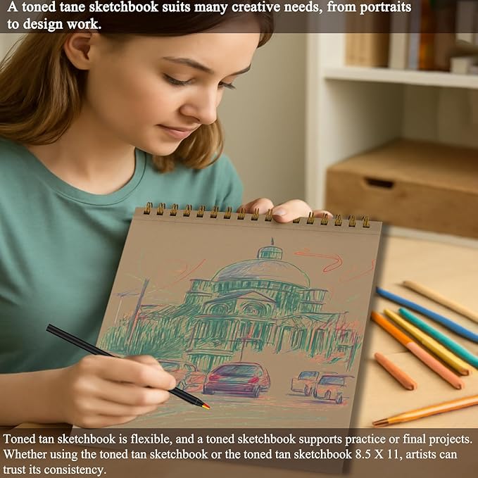 Fuxi Toned Tan Sketchbook 8.5x11, 60 Sheets Acid- Free Tan Paper, Spiral Bound Sketch Book, Hardcover | Ideal for Artists, Students & Classrooms.