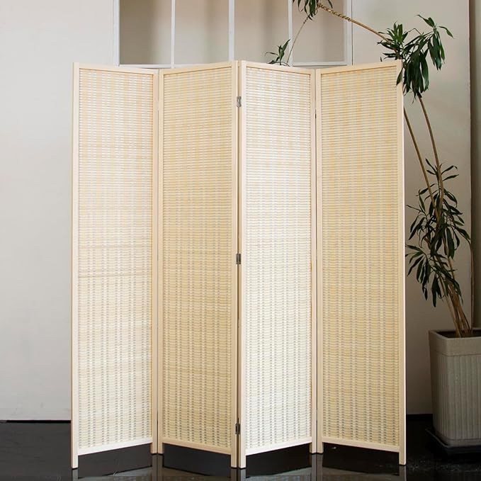 Loomveil 4 Panel Room Divider Folding Privacy Screen,67 inch Bamboo Panel Divider for Home Partition,Beige