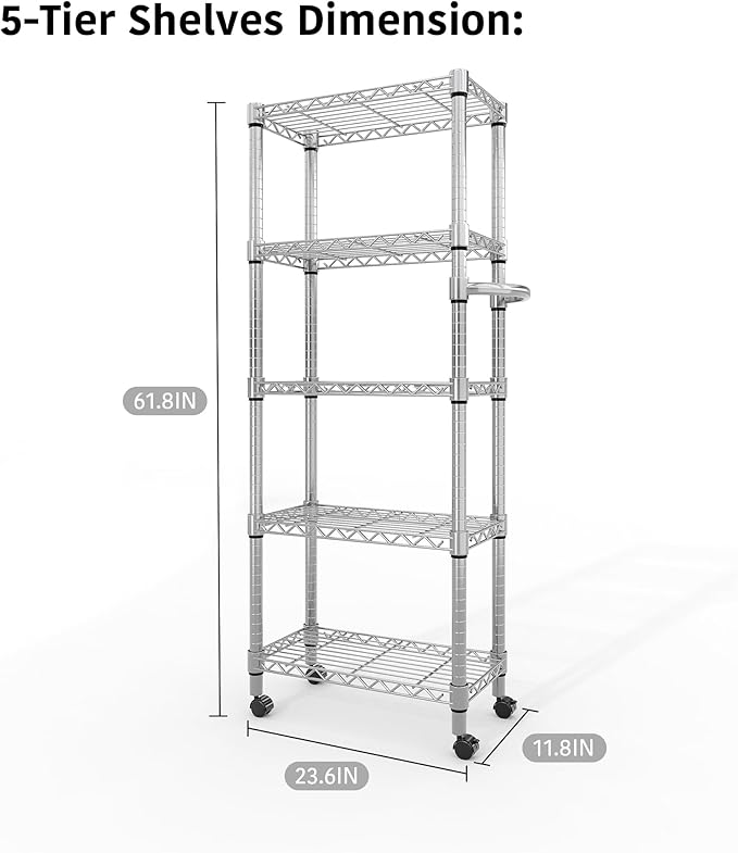 Metal Storage Shelves 5 Tier with Wheels, 1100 LBS Adjustable Wire Shelving Rack Shelves Units with Side Handle for Hanging, Rolling Shelf Organizer for Kitchen Garage, 11.8" W x 23.6" D x 61"H,Silver