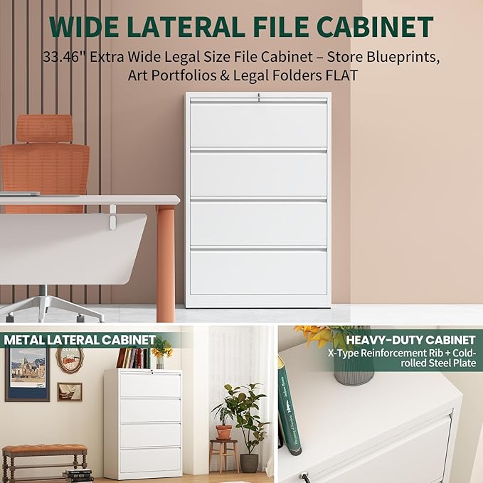 4 Drawer Lateral File Cabinet with Lock, Metal File Cabinets for Home Office, Office Furniture for Organization Hanging Legal/Letter/A4, Metal Filing Cabinet Storage Cabinet, Require Assembly, White