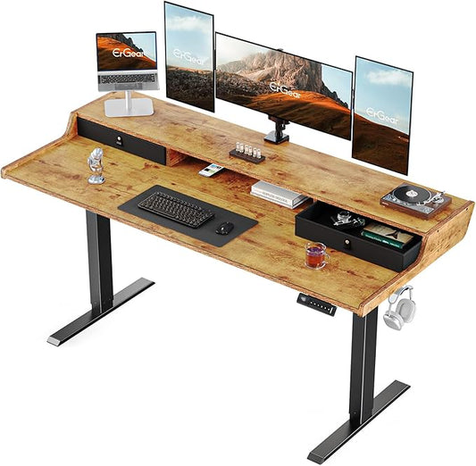 ErGear Electric Standing Desk with Drawers, 63″ x 28″ Gaming Table Compatible Monitor Stand, Stand up Desks, Home Office Height-Adjustable Desk with Storage Shelf, 4 Preset Heights, Vintage Brown