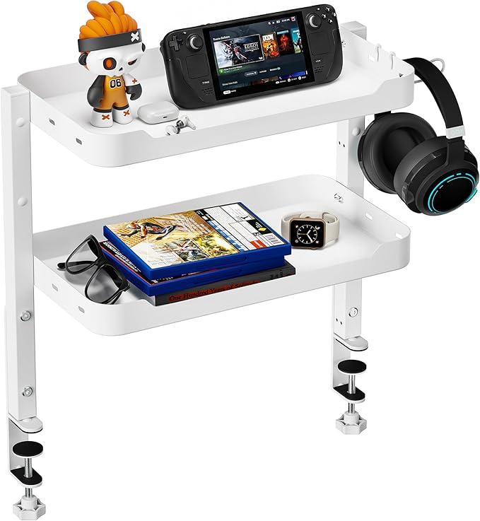 ARES WING 2-Tier Clamp On Desk Shelf, 16 inch Adjustable Above or Under Desk Storage Shelves Holds 44 lbs, Heavy Duty Desktop Organizer with Headphone Holder for Working and Gaming Accessories, White