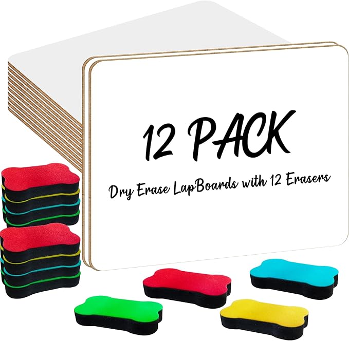 OSIMIG 12 Pack Small White Board Dry Erase, Mini Dry Erase Board 9" x12”, Double Sided Personal Whiteboards with 12 Erasers, White Boards for Students Teachers School Supplies